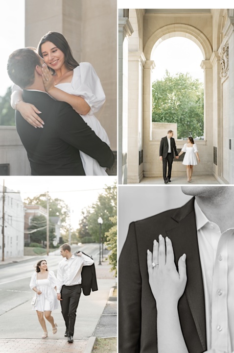 A collage of four wedding day photos. A beautiful couple shares a joyful moment as the man in a suit lifts the woman in a white dress, walks together under an archway, strolls down a street holding hands, and features a close-up of the woman's hand with an engagement ring resting on the man's chest.